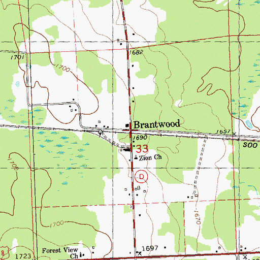 Topographic Map of Brantwood, WI