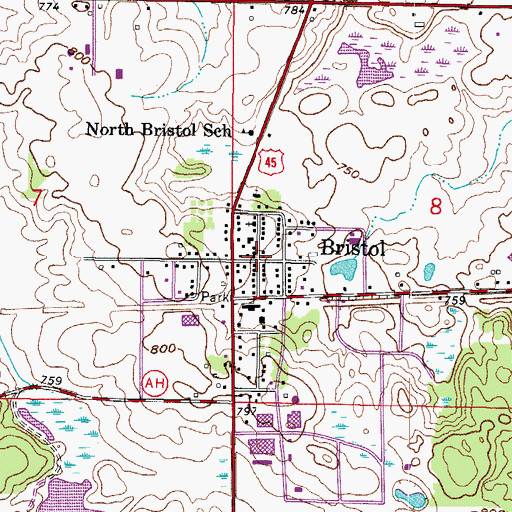 Topographic Map of Bristol, WI