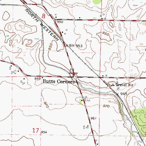 Topographic Map of Butts Corners, WI