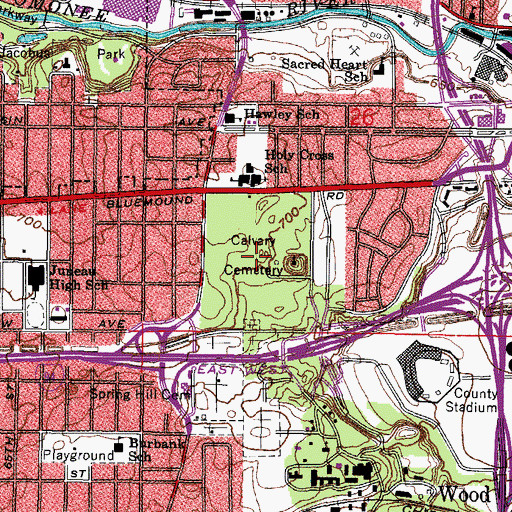 Topographic Map of Calvary Cemetery and Mausoleum, WI