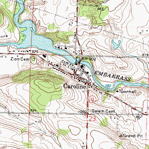 Topographic Map of Caroline, WI