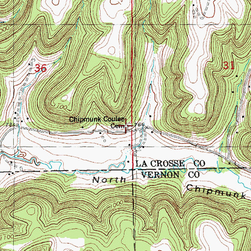 Topographic Map of Chipmunk Coulee Cemetery, WI