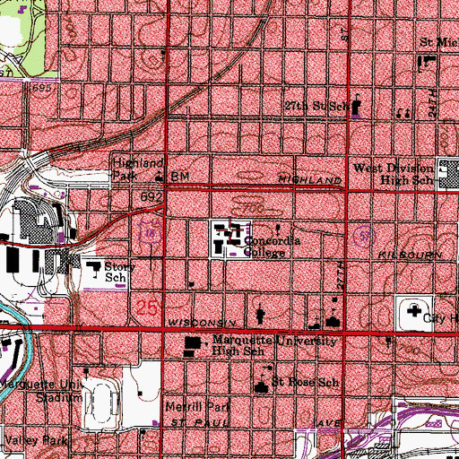 Topographic Map of Concordia University (historical), WI