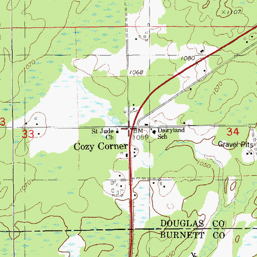 Topographic Map of Cozy Corner, WI