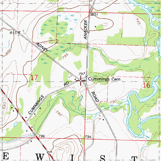 Topographic Map of Cummings Cemetery, WI
