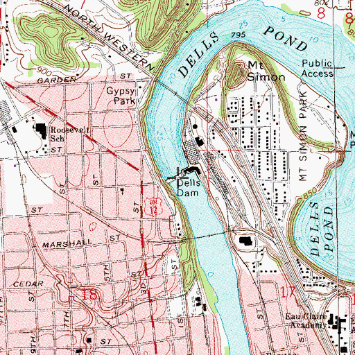 Topographic Map of Dells Dam, WI