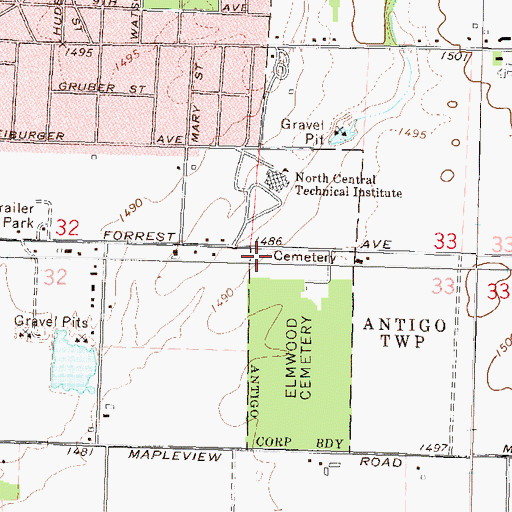 Topographic Map of Elmwood Cemetery, WI