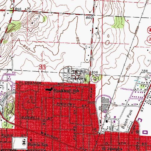 Topographic Map of Evergreen Cemetery, WI