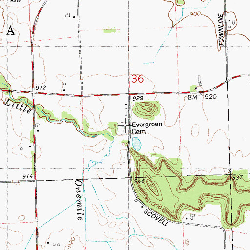 Topographic Map of Evergreen Cemetery, WI