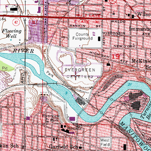 Topographic Map of Evergreen Cemetery, WI