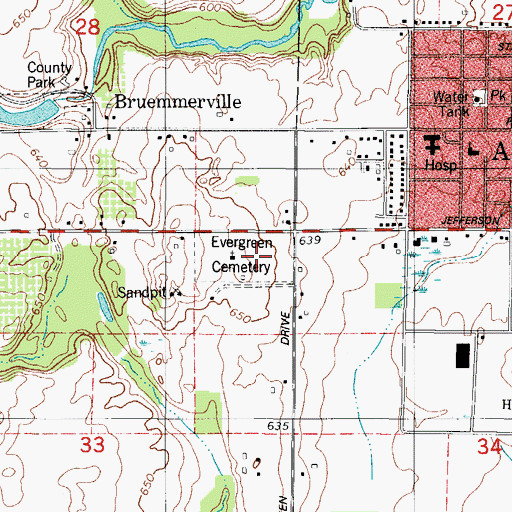 Topographic Map of Evergreen Cemetery, WI