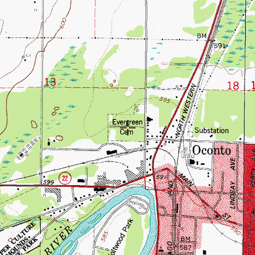 Topographic Map of Evergreen Cemetery, WI