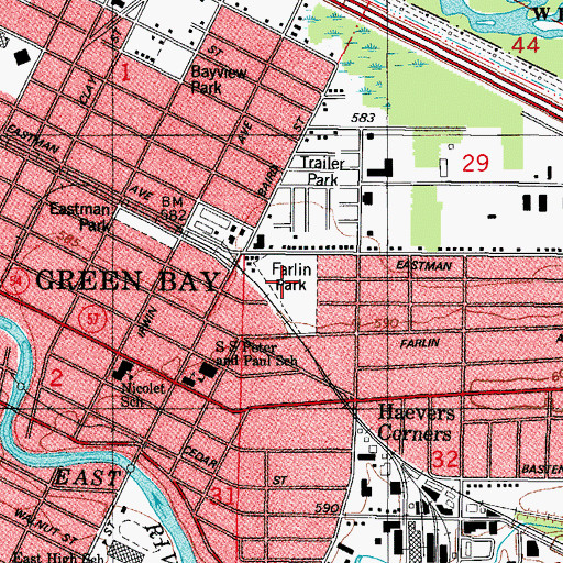Topographic Map of Farlin Park, WI