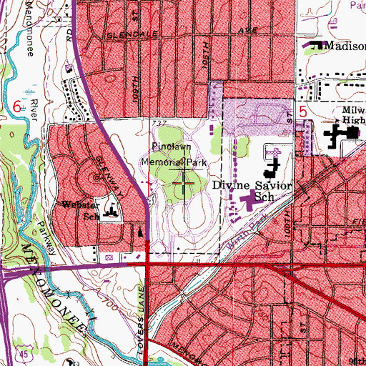 Topographic Map of Pinelawn Memorial Park, WI