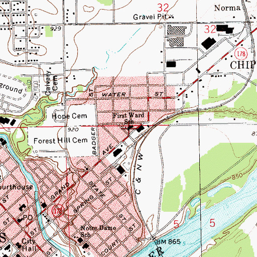 Topographic Map of First Ward School, WI
