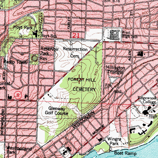 Topographic Map of Forest Hill Cemetery, WI