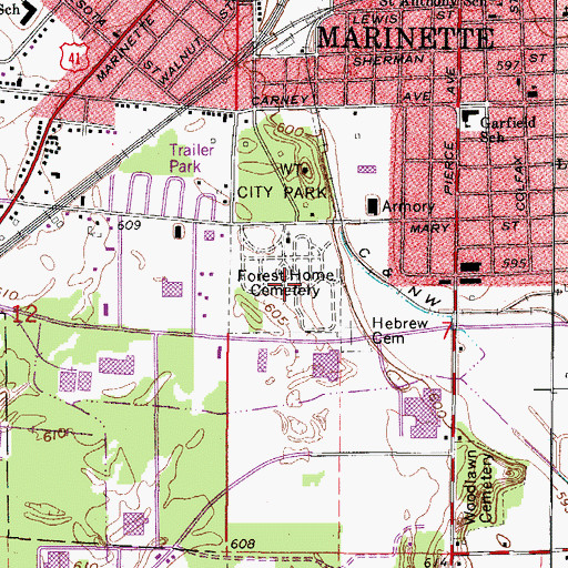 Topographic Map of Forest Home Cemetery, WI