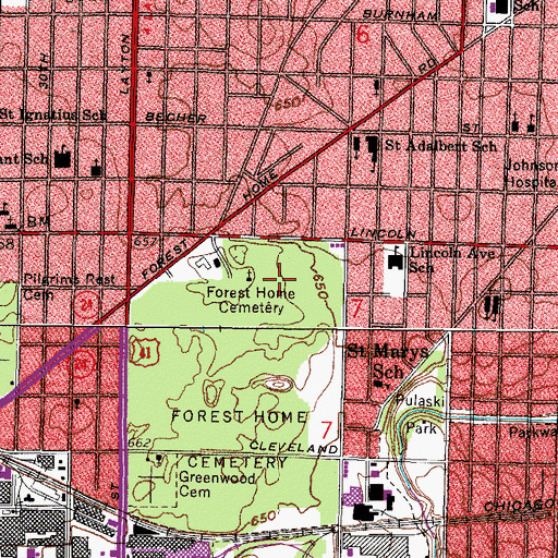 Topographic Map of Forest Home Cemetery, WI