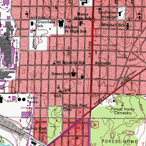 Topographic Map of US Grant School, WI