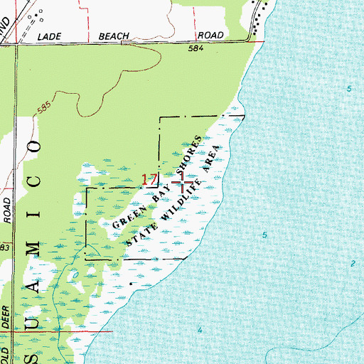 Topographic Map of Green Bay Shores State Wildlife Area, WI
