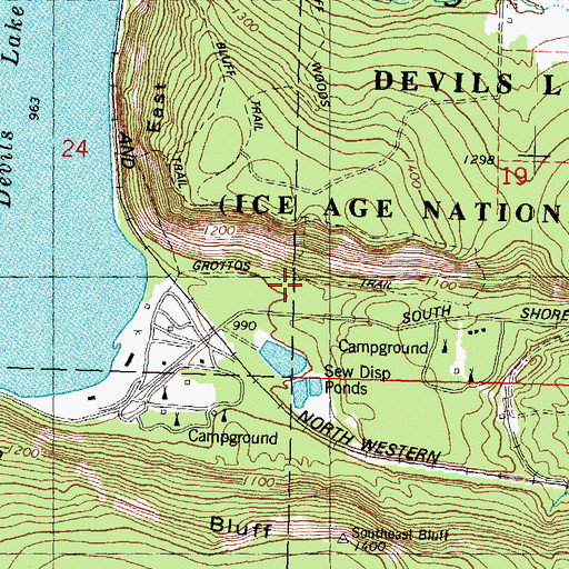 Topographic Map of Grottos Trail, WI