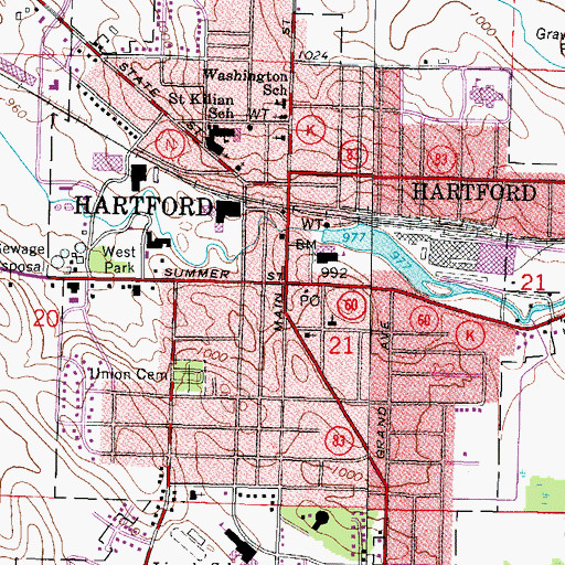 Topographic Map of Hartford, WI