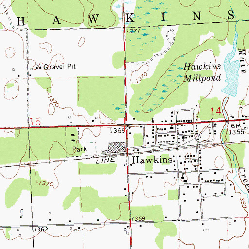 Topographic Map of Hawkins, WI