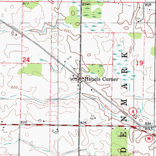 Topographic Map of Hebels Corners, WI