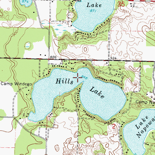 Topographic Map of Hills Lake, WI
