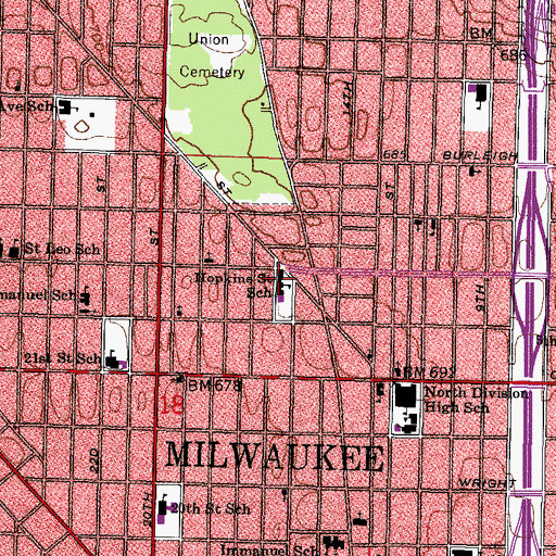 Topographic Map of Hopkins Street Elementary School, WI