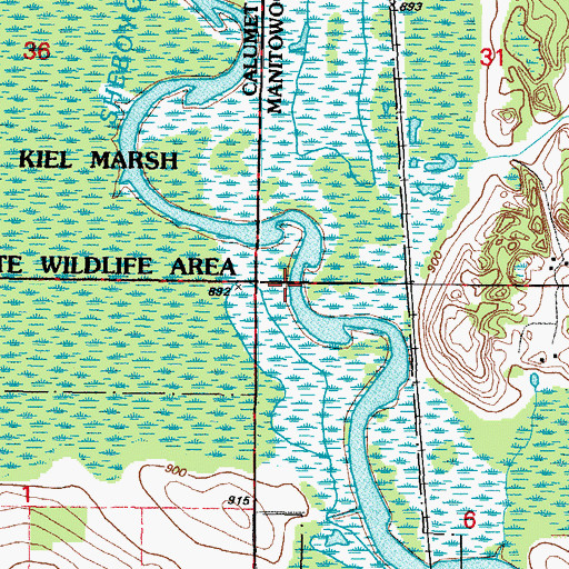 Topographic Map of Kiel Marsh State Wildlife Area, WI