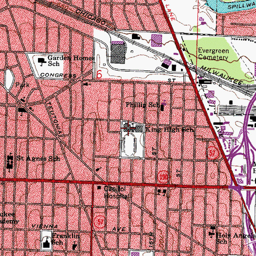 Topographic Map of King High School, WI