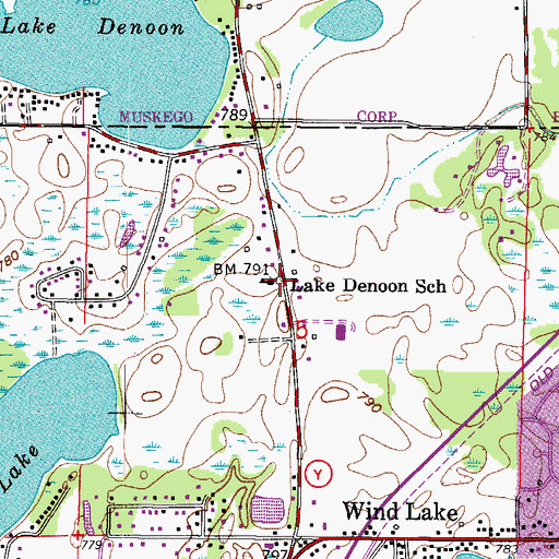 Topographic Map of Lake Denoon School, WI