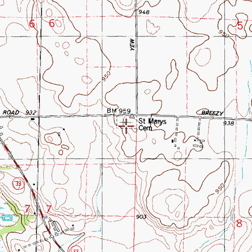 Topographic Map of Marys Cemetery, WI