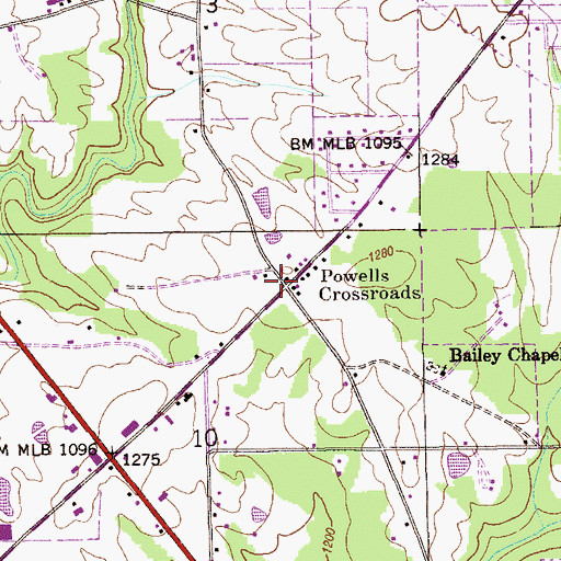 Topographic Map of Powells Crossroads, AL