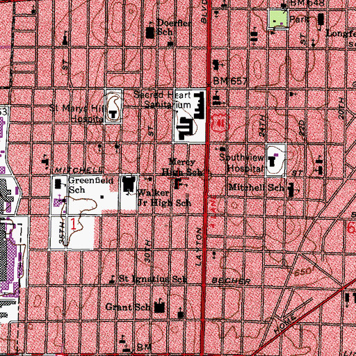 Topographic Map of Mercy High School, WI