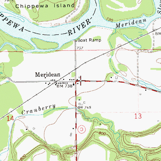 Topographic Map of Meridean, WI