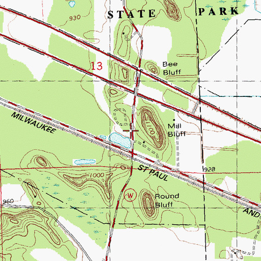 Topographic Map of Mill Bluff State Park, WI