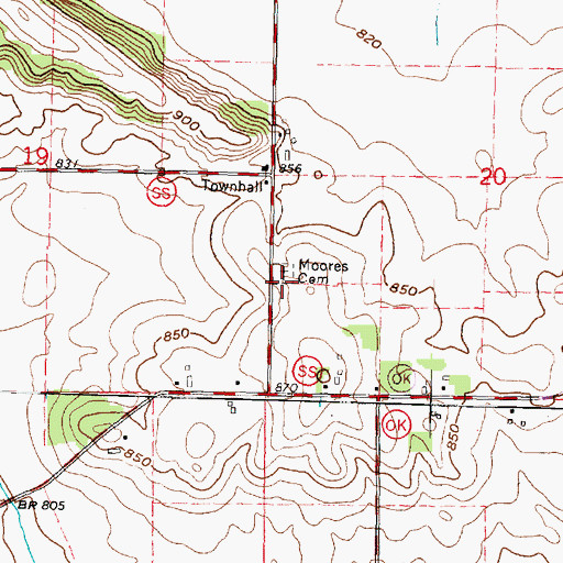 Topographic Map of Moores Cemetery, WI