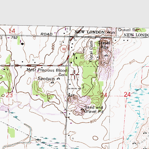 Topographic Map of Most Precious Blood Cemetery, WI
