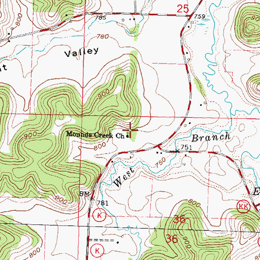 Topographic Map of Mounds Creek Church, WI