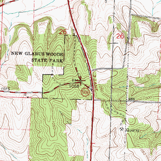 Topographic Map of New Glarus Woods State Park, WI