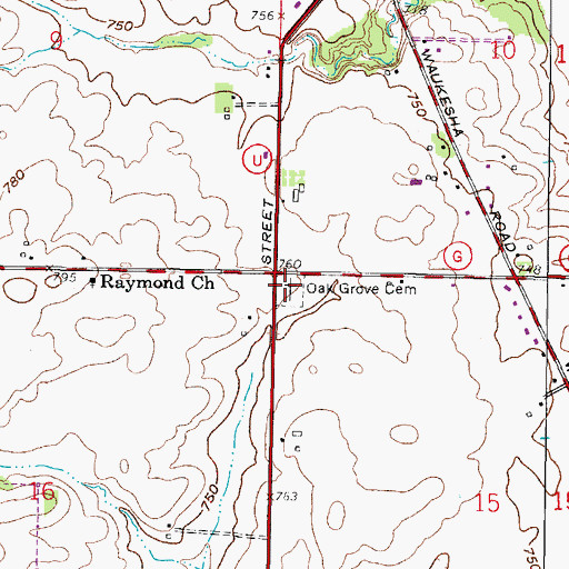 Topographic Map of Oak Grove Cemetery, WI