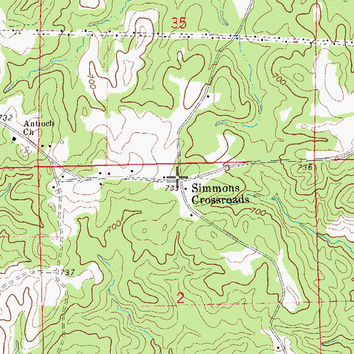 Topographic Map of Simmons Crossroads, AL