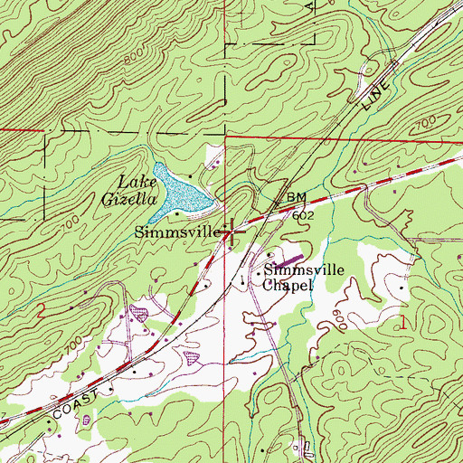 Topographic Map of Simmsville, AL