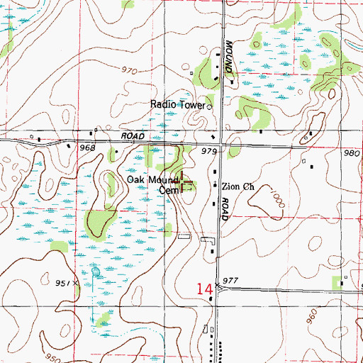 Topographic Map of Oak Mound Cemetery, WI