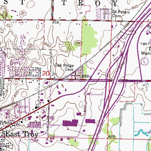 Topographic Map of Oak Ridge Cemetery, WI