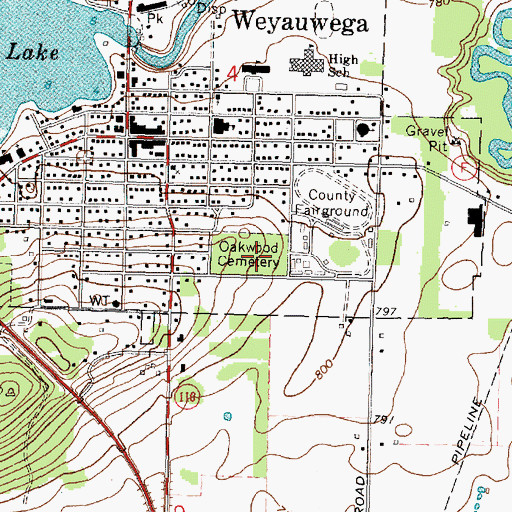 Topographic Map of Oakwood Cemetery, WI