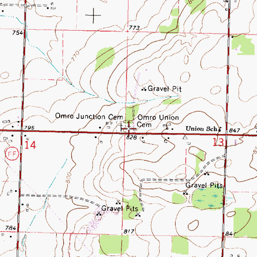 Topographic Map of Omro Union Cemetery, WI