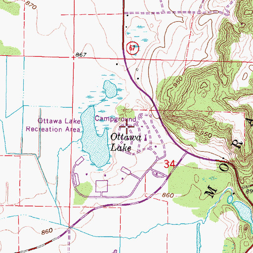 Topographic Map of Ottawa Lake Recreation Area, WI